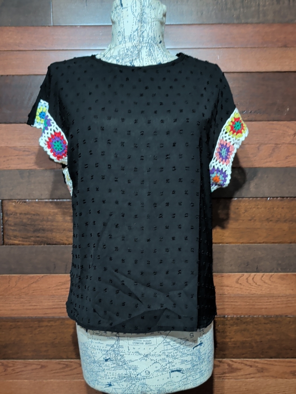 No Brand Tag Black Women's Swiss Dot Top with Colorful Knit Sleeves